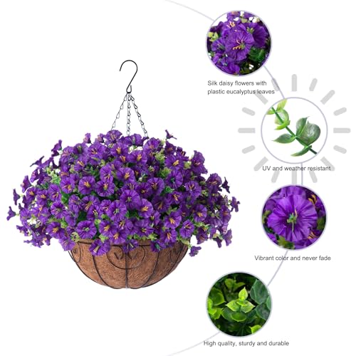 Artificial Fake Hanging Plants Flowers Basket for Outdoors Spring Summer Decoration, Silk Purple Morning Glory Eucalyptus UV Sun Resistant Realistic Faux Flowers for Outside Porch Patio Balcony Home - color: Purple