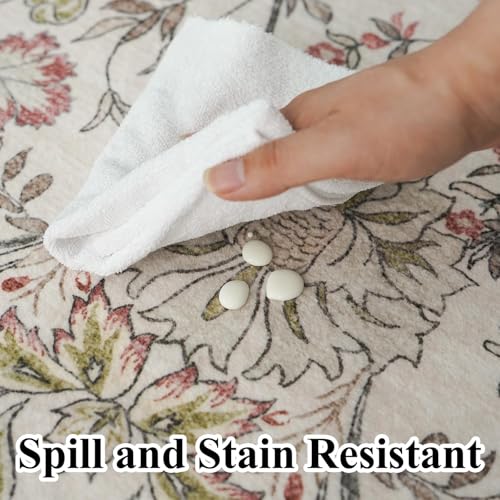 4x5 Rug Entryway Washable: Non-Slip Floral Area Rug for Bathroom Kitchen- Farmhouse Low Pile Stain Resistant Carpet Long Thin Front Door Mat (4x5 Off-White/Green/Multi) - color: Off-white, size: 4' x 5' (Rectangular)