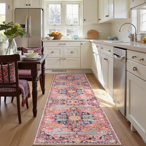 Lahome Reine Boho 2'8"x10' Washable Hallway Kitchen Runner Rugs with Rubber Backing, Bohemian Non-Slip Soft Kitchen Runners, Non-Shedding Stair Carpet Runner for Hall Bathroom, Fuchsia/Multi - color: Fuchsia/Multi, size: 2'8" x 10' (Runner)