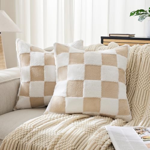 Ohocut Checkered Jacquard Shag Throw Pillow Covers, Pack of 2 Fluffy Beige Sand Cute Decorative Boho Aesthetic Soft Checkered Throw Pillow Cases for Couch Sofa Bedroom,20x20 Inch - color: Beige, size: 20" x 20" (Pack of 2)