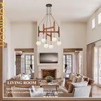 Farmhouse L28 '' Wooden Chandeliers with Milk Glass Globes Lampshades, Rustic Unique Mid Century Long 6-Light Pendant Chandelier for Living Dining Room Entryway Bedroom Kitchen,G9,Wood Stained Walnut - color: Walnut, size: L28 inches