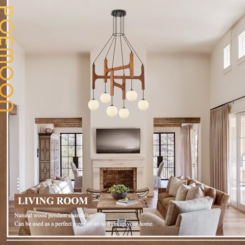 Farmhouse L28 '' Wooden Chandeliers with Milk Glass Globes Lampshades, Rustic Unique Mid Century Long 6-Light Pendant Chandelier for Living Dining Room Entryway Bedroom Kitchen,G9,Wood Stained Walnut - color: Walnut, size: L28 inches