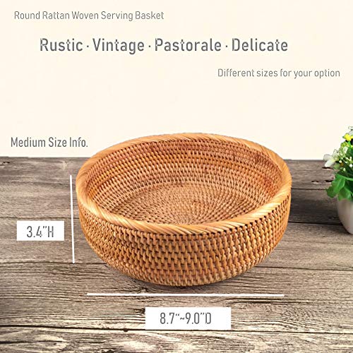 Hadewoven Round Rattan Fruit Basket Wicker Food Tray Weaving Storage Holder Dinning Room Bowl, 9 Inch Woven Bread Basket Key Bowls with 3.5”Wall for Table, Countertop (Medium 8.66") - size: Medium 8.66"