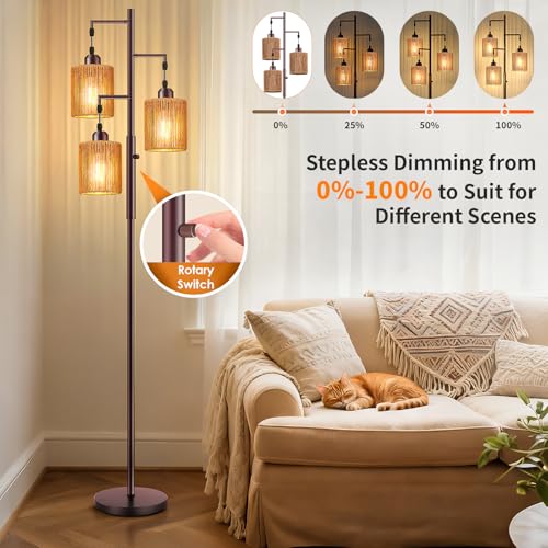 Hotsonic 72" Tall Boho Rattan Style Floor Lamp with Hand-Woven Paper Cord Shade, Dimmable Industrial Tree Standing Lamp for Living Room, Bedroom, Study Room, Office (3 x 800LM Bulbs Included) - Brown - color: Oil-Rubbed Bronze+Light Brown