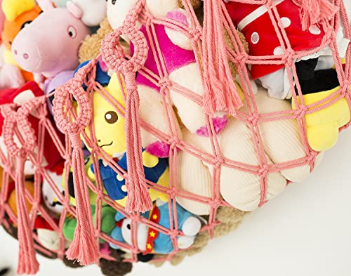 Large Stuffed Animal Net or Hammock for Flat Wall Mounted Handmade Macrame Toy Hammock Plush Display (Pink) - color: pink, size: 60" W