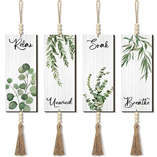 Qunclay 4 Pieces Boho Wall Decor for Bathroom 12 x 5 Inch Relax Soak Unwind Breathe Bathroom Sign with Beads Leaf Print Minimalist Botanical Wall Art Farmhouse Wooden Hanging Art(Green,Plant) - color: Green