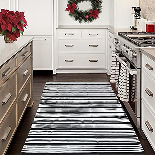 Black and White Striped Outdoor Rug Front Porch Rug 35.4'' x 59'' Front Door Mat Cotton Hand-Woven Reversible Mats for Outdoor,Entryway,Laundry Room,Farmhouse,Kitchen - color: Black&white Stripe, size: 3' x 5' (Rectangular)