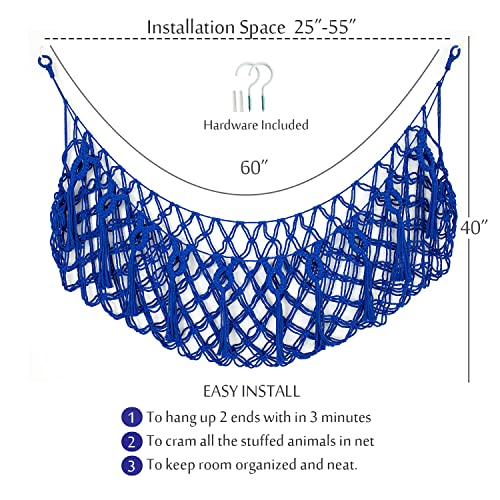 Stuffed Animal Storage Hanging Net or Hammock for Stuffed Animals Handmade Macrame Toy Hammock Plush Toy Hammock Organizer (Blue) - color: Royal Blue for Wall, size: 60" W