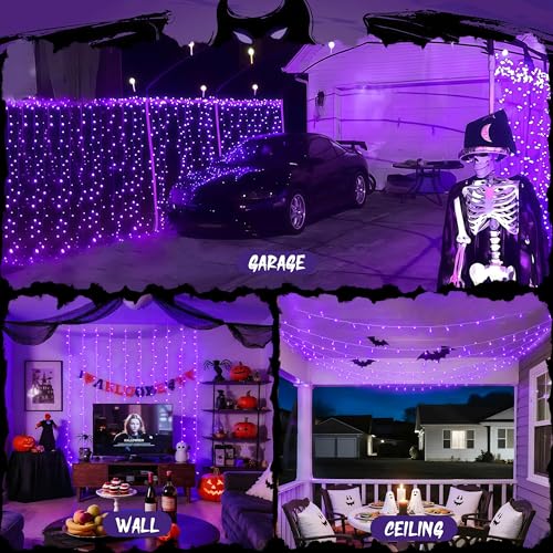 JMEXSUSS 300LED Purple Halloween Lights with Remote, 9.8x9.8ft Curtain Lights Plug in, 8 Modes Hanging String Lights for Indoor, Outdoor, Bedroom, Window, Party, Backdrop, Xmas, Halloween Decorations - color: Purple, size: 300 LED