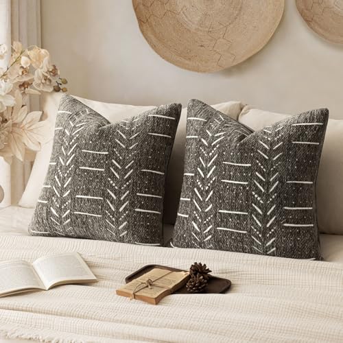 Home Décor Decorative Boho Accent Chenille Throw Pillow Covers, Textured Neutral Cushion Covers, Soft Farmhouse Pillowcase for Couch Sofa Bed Living Room, 18×18 Inch, Set of 2, Cocoa Brown - color: Cocoa Brown, size: 18" x 18" (Pack of 2)