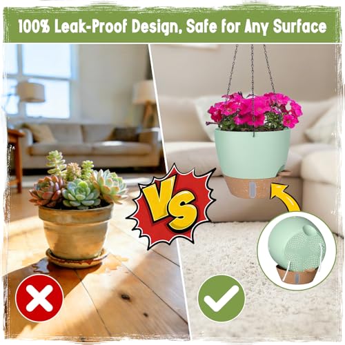 Self-Watering Hanging Planters with Water Level Window, 8/10 Inch Indoor Outdoor Hanging Plant Pots Includes Chain Hangers with Drainage Holes & Detachable Reservoir (Green, 8+10 inch) - color: Green