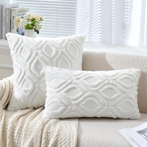 MIULEE Pure White Throw Pillow Covers 18x18 Inch, Soft Winter Plush Faux Wool Couch Pillow Covers Set of 2 Decorative Farmhouse Boho Throw Pillows for Sofa Living Room Bed - color: Pure White, size: 18" x 18" (Pack of 2)