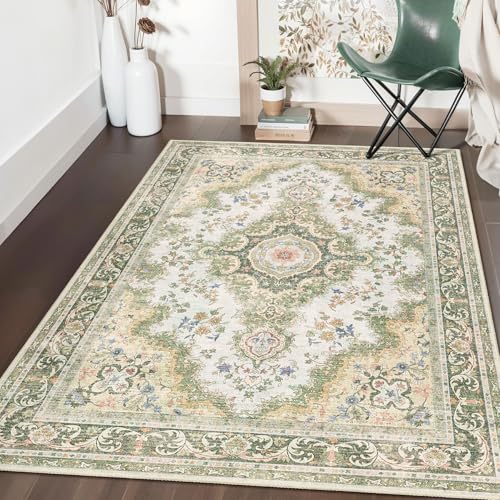 Green Rug 3'x5',Washable Area Rugs for Bedroom Living Room Kitchen Entryway Bedside,Small Boho Vintage Bohemian Distressed Oriental Non Slip Carpet,Sage Floral - color: Rug11-green, size: 3'x5'