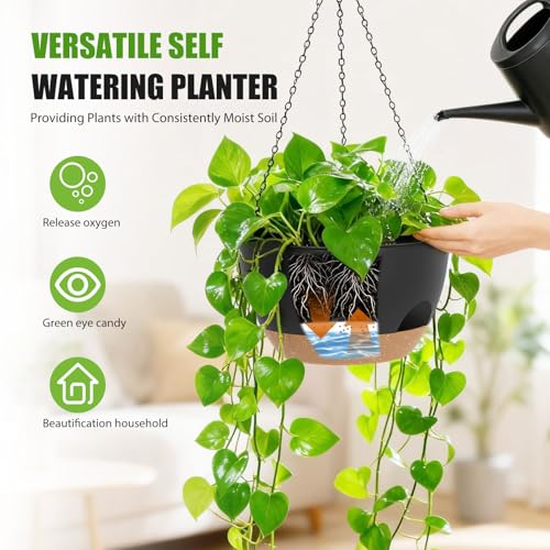 8 Inch Hanging Planters for Indoor Outdoor Plants, 4 Pack Black Brown Plastic Self Watering Hanging Baskets with Drainage Holes and Chain for Garden Porch - color: Black Brown