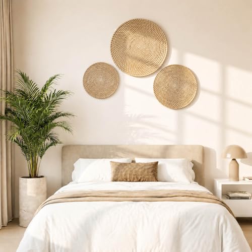 Laquedecraft Boho Wicker Rattan Plate Basket Set For Décor Hanging Wall | Large Woven Farmhouse Rustic Bohemian Art Baket Hangings For Decorative Home, Bedroom, Living Room, Kitchen, Bathroom (Classic, Natural, Set of 3) - size: Set of 3, style: Classic
