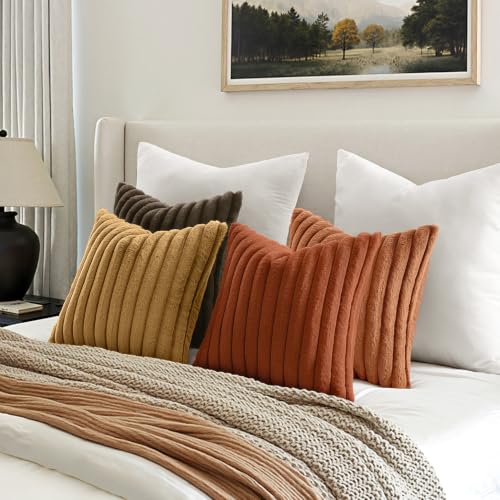 MIULEE Faux Fur Plush Decorative Throw Pillow Covers 18x18 Set of 4, Boho Farmhouse Soft Fuzzy Striped Cushion Covers for Sofa Couch Bed Living Room Vintage Home Decor,Rust Orange - color: Rust Orange, size: 18" x 18" (Pack of 4)