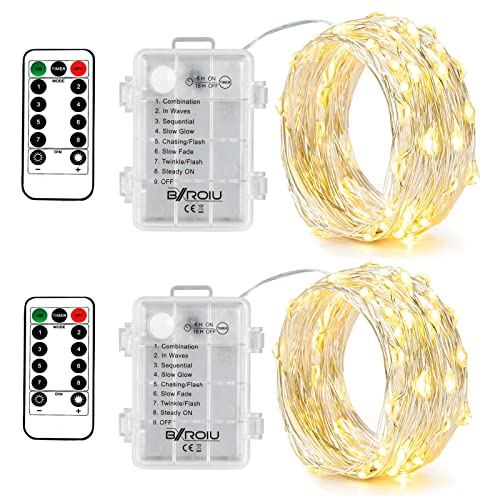 2 Pack Fairy Lights Battery Operated with Remote & Timer,16.4FT 50 LED Silver Wire String Lights,8 Lighting Modes, Waterproof Battery Box for Bedroom, Wedding, Party,Christmas Decorations(Warm White) - color: 2Pack(3AA,not included)Warm White