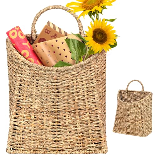 Woven Hanging Seagrass Baskets, Hanging Wall Wicker Basket, Handmade Organizer Baskets, Hanging Flower Basket for Shelves, Walls, Doors, Balconies, Front of House, Garden,... - color: Dark Brown