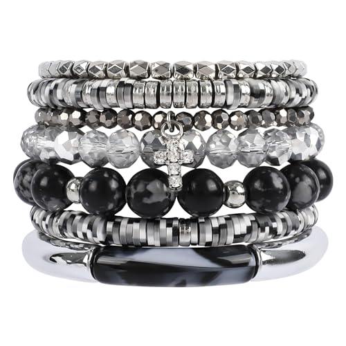 Bohemian Natural Stone Beaded Bracelets for Women Men Stackable Stretch Beads Bracelet Set with Charm and Tassel Multilayered Elastic Gemstone Bracelets Summer Beach Boho Jewelry Gift for Women - color: Black-1