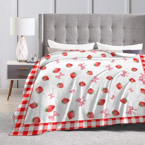 Cute Strawberry Throw Blanket for Couch Chair Sofa Bed, Flannel Soft Watercolor Summer Fruit Pink Ribbon Buffalo Plaid Warm Cozy Farmhouse Blanket for Bedroom Living Room Car All Season 30"x 40" - color: Strawberry02, size: 30X40 inch