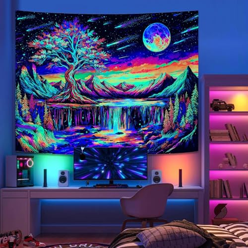 Zussun Blacklight Tree of Life Tapestry UV Reactive Moon Mountain Forest Waterfull Tapestry for Bedroom Aesthetic Nature Small Tapestries Wall Hanging for Dorm Living Room Decor 48 x 36 Inch - color: Warm Red, size: 48"L x 36"W