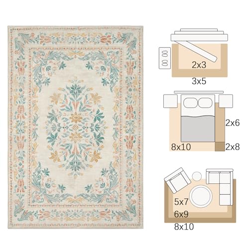 jinchan Spring Floral 2x3 Rugs for Entryway - Vintage Washable Area Rug Ultra-Thin Low Pile Soft Small Non Slip Distressed Indoor Doormat Accent for Entrance Kitchen Bedroom (2x3ft, Apricot Multi) - color: Floral Apricot Multi, size: 2' x 3' (Buttery Soft