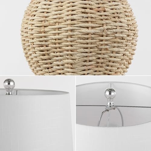 JONATHAN Y 22" Brown Rattan Rustic Coastal Table Lamp Set of 2, Woven Wicker Globe Base with White Linen Shade for Living Room Bedroom, UL Listed, LED Bulbs Included JYL4050A-SET2