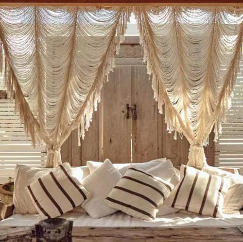 2 Panels Macrame Curtains 59" W x 75" H Boho Doorway Curtains Window Curtains Wall Hanging Handmade Fiber Yarn Art Woven Headboard Decor for Bedroom Living Room - color: Ivory *2
