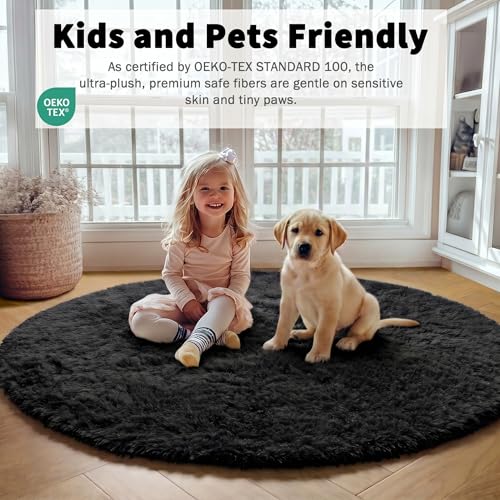 ONASAR Black Round Area Rug 4ft, Soft Bedroom Circle Rugs Floor Mats for Kids Girls Boys Teen Room, Fluffy Plush Shaggy Carpet for Baby Nursery Living Room Playroom Dorm Home Decor - color: Black, size: 4' (Round)
