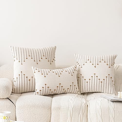 LILEPOY Boho Throw Pillow Covers 20x20 Set of 2 Neutral Decorative Textured Cushion Case Farmhouse Pillowcase Modern Square Pillow Covers for Sofa,Couch, Living Room,Beige and Brown - color: Beige and Brown, size: 20" x 20" (Pack of 2)