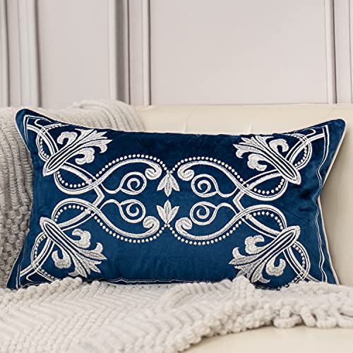 Aeckself European Floral Pillow Cover 12x20 Inch, Luxury Velvet Embroidered Decorative Lumbar Throw Pillow Cover for Couch Bedroom Living Room, Navy Blue and White - color: Navy Blue, size: 20" x 12" (Pack of 1)
