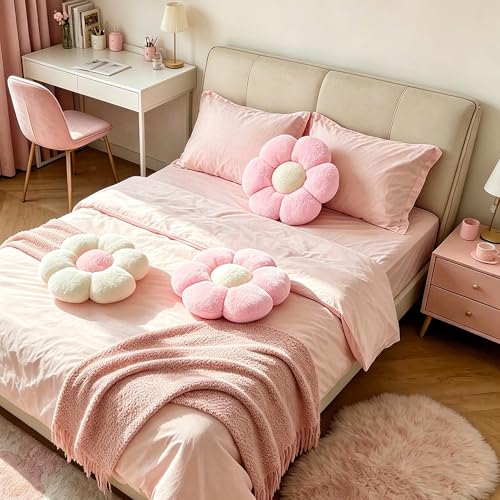 2 Pcs Pink White Throw Pillows Cute Flower Pillow Daisy Flower Shaped Floor Cushions Set, Preppy Decorative Throw Pillows for Girls Bed Bedroom Couch Decor (White & Pink, 15 INCH) - color: White & Pink