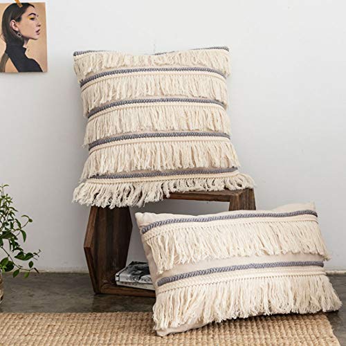 vctops Farmhouse Macrame Cotton Linen Lumbar Decorative Throw Pillow Cover with Long Tassels Boho Hand Woven Tufted Cushion Case for Bed Sofa Couch Bench Car,12x20 Inch,Beige B - color: Beige B, size: 20" x 12" (Pack of 1)