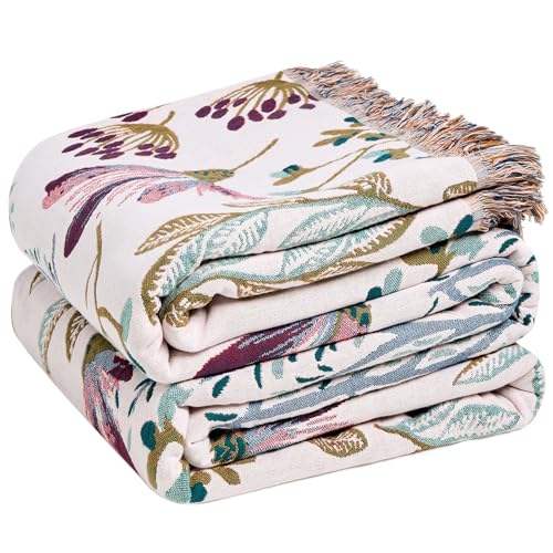 LUTBM Boho Throw Blanket for Couch Sofa Chair Cotton Summer Blankets for Bedroom Living Room All Season Lightweight Reversible Floral Embroidery Throws 50"x60" - color: Floral Green, size: 50"×60"
