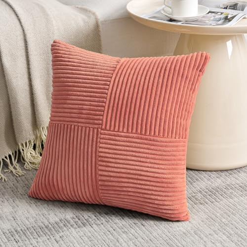 Fancy Homi 2 Packs Coral Samll Decorative Throw Pillow Covers 12x12 Inch with for Couch Bed Sofa, Rustic Farmhouse Boho Home Decor, Soft Corss Patchwork Corduroy Square Peach Cushion Case 30x30 cm - color: Coral, size: 12" x 12" (Pack of 2)