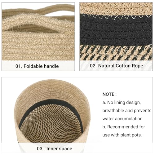 Dahey Jute Rope Plant Basket Modern Woven Storage Basket for 12" Indoor Planter, Decorative Flower Pots Cover Laundry Bin with Handle Rustic Home Decor, Black - color: Black, size: 12"W × 12"H