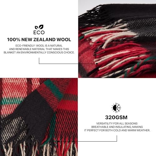 New Zealand Virgin Wool Throw Blanket, Indoor and Outdoor Blankets and Throws, Comfortable Soft Blanket with Fringes and Tartan Pattern, 67 x 79 in, Queen Size, Red and Black - color: Red-and-black