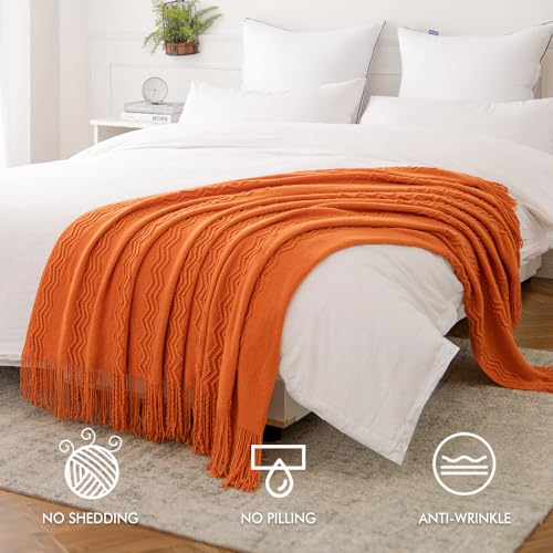 MIULEE Burnt Orange Knitted Throw Blanket for Couch Boho Textured Cozy Woven Blanket with Tassels for Sofa Chair Bed Living Room Fall Home Decor Farmhouse Acrylic Wave Pattern 50"x60" - color: Burnt Orange, size: 50" x 60"