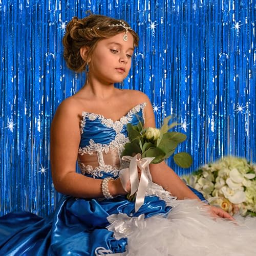 BOMSI 3 Pack Blue Backdrop Party Streamers Ocean Themed Decor Birthday Party Decorations Foil Fringe Backdrop Curtain Graduation Bachelorette Winter Holiday Gender Reveal Party Decorations Supplies - color: Dark Blue