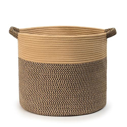 Blanket Basket (16" Dx14 H) - Round Woven Rope Storage for Living Room Throws, Pillows & Laundry- Jute/Mixed Black - color: Jute/Mixed Black, size: 16" X 16" X 14"