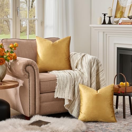 GIGIZAZA Golden Throw Pillow Covers 16x16 Decorative Velvet Cushion Covers Pack of 2 Pillowcase for Sofa - color: Golden, size: 16" x 16" (Pack of 2)