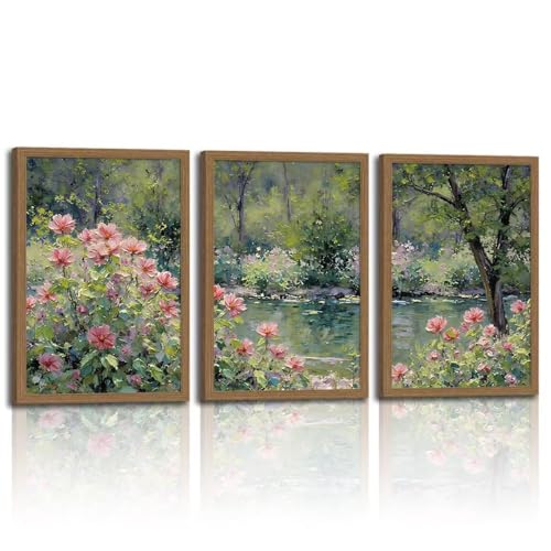 3pcsmonet Framed Wall Art,Retro Floral Gardencanvas Painting, Pink Flowers By Lake Painting, Nature Poster Wall Decor For Living Room Bedroom Office, Ready To Hang 12x16in - color: Trees and flower beds, size: 12x16in
