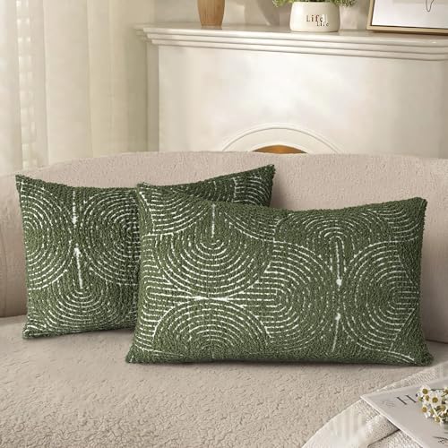 AELS Boho Decorative Textured Lumbar Pillow Covers 12x20, Modern Mid Century Rainbow Tufted Lumbar Pillow Case, Farmhouse Rustic Geometric Woven Cushion Case for Bed Couch Sofa, Olive Green - color: Olive Green, size: 20" x 12" (Pack of 2)