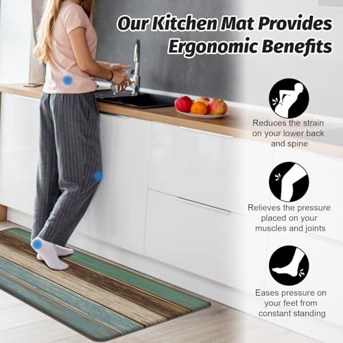 MAYHMYO Kitchen Rugs and Mats Set of 2 Teal Farmhouse Anti Fatigue Mat PVC Non Slip Retro Rustic Wood Texture Kitchen Mats for Floor,17.3 x 29 x 0.4 inch + 17.3 x 47 x 0.4 inch - color: Farmhouse, size: 29"L X 17.3"W X 0.4"Th + 47"L X 17.3"W X 0.4"Th