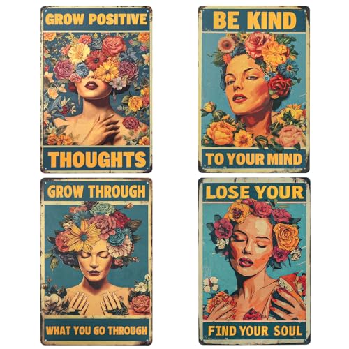 4PCS Vintage Tin Metal Sign, Boho Inspirational Wall Art Signs Decor, Hippie Metal Poster Retro Signs for Gifts Women Office Bedroom Kitchen Living Room Cafes Bar Public 8x12 Inch (Tin Sign06) - color: Tin Sign06