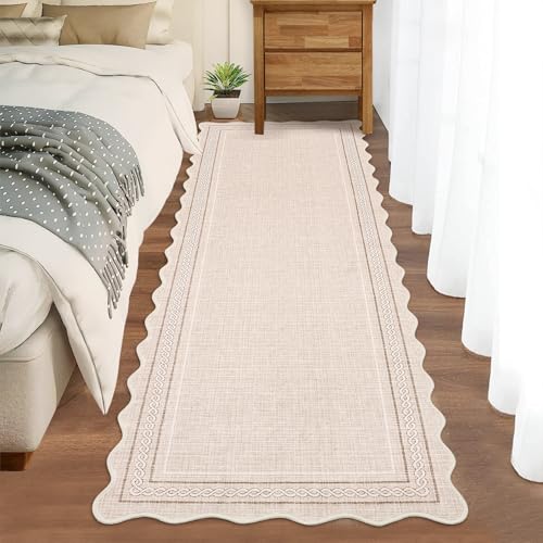 GarveeHome Scalloped Washable Runner 2x8 Rugs for Entryway Non Slip Kitchen Runner Beige Bordered Neutral Rugs Low Pile Hallway Rug Stain Resistant Carpet for Bathroom Laundry Room, Beige - color: Beige, size: 2' x 8' (Runner)