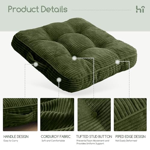 HIGOGOGO Floor Pillow Cushion for Adults, Meditation Cushion Pillow, Large Square Floor Sitting, Tufted Corduroy Cover, for Tatami Living Room or Yoga, 2Pack, Dark Green - color: Dark Green, size: 4" Thick(Pack of 2)