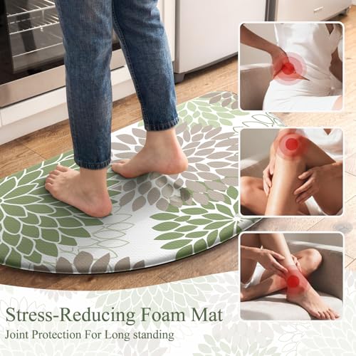 KIMODE Half Circle Kitchen Mats for Floor Cushioned Anti Fatigue,Semi Round Dahlia Boho Kitchen Rug Non Slip,Sage Green Waterproof Kitchen Carpet Decor for Sink Office Laundry Bathroom,18" x 28" - color: Sage Green, size: 28" x 18" (1 PC)--0.47 inches