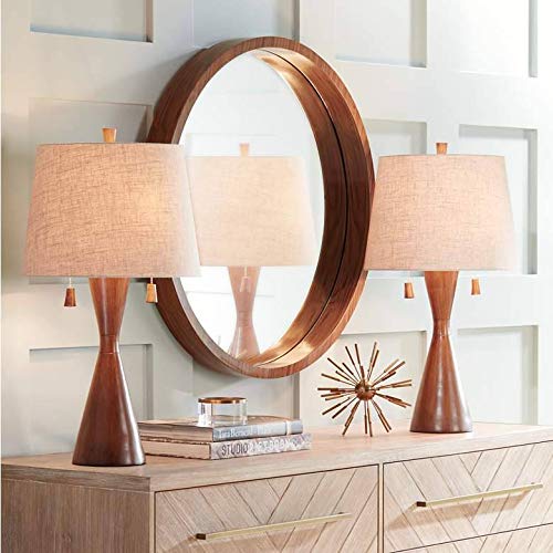 360 Lighting Omar Mid Century Modern Chic Style Table Lamps 28.75" Tall Set of 2 Warm Brown Wood Oatmeal Tapered Drum Shade Decor for Living Room Bedroom House Bedside Nightstand Home - color: Two Set