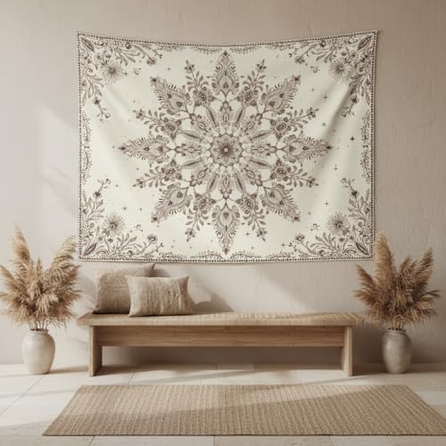 Accnicc Boho Floral Mandala Tapestry Wall Hanging Bohemian Beige Flower Tapestry Aesthetic Hippie Indian Small Tapestries for Bedroom Living Room Dorm Decor 60 x 44 Inch - color: Beige White, size: 60"L x 44"W